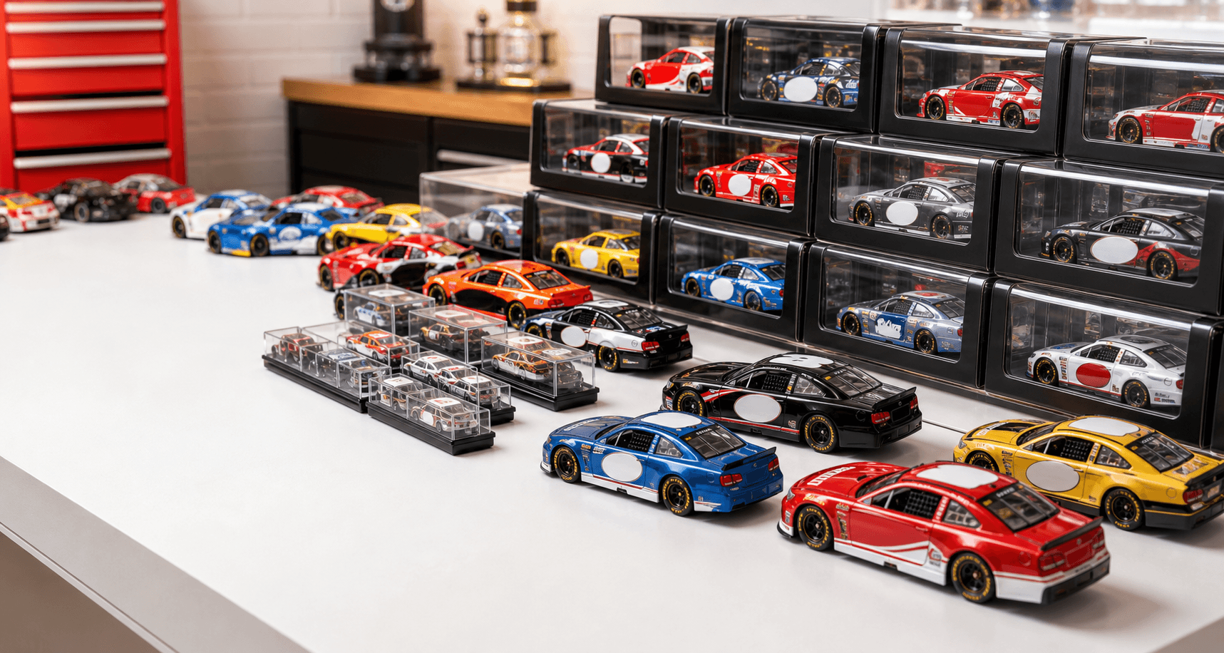 Diecast race car collection arranged on a collector table